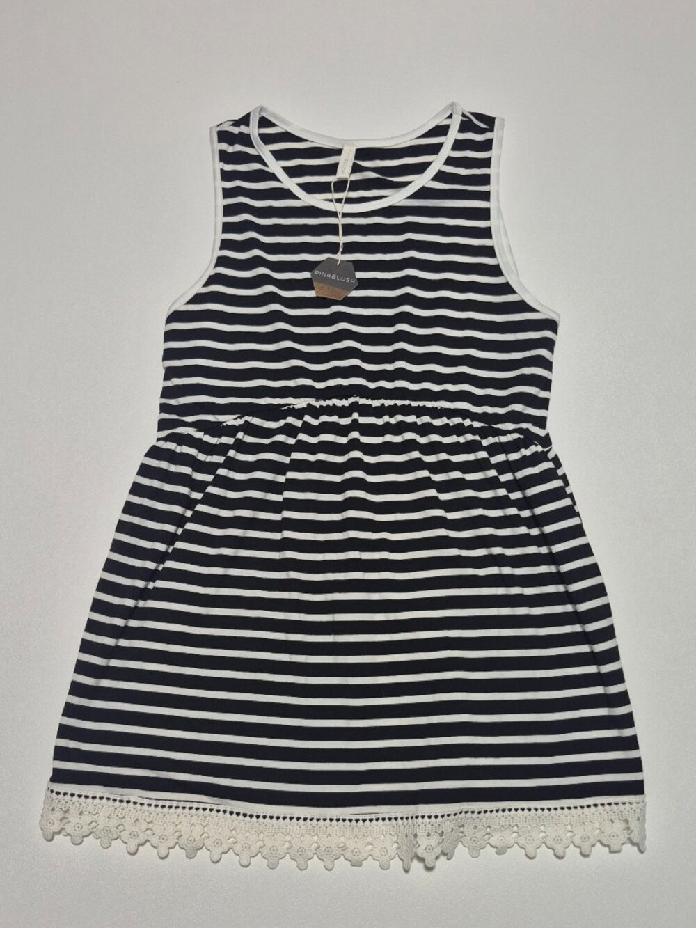 NWT Pink Blush Maternity Dress Size M Black White Striped Crochet Lace Trim USA